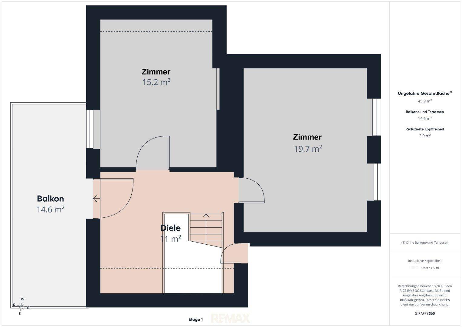 Grundriss der Etage 1 mit zwei Zimmern und einem großen Balkon, insgesamt 45,8 m².