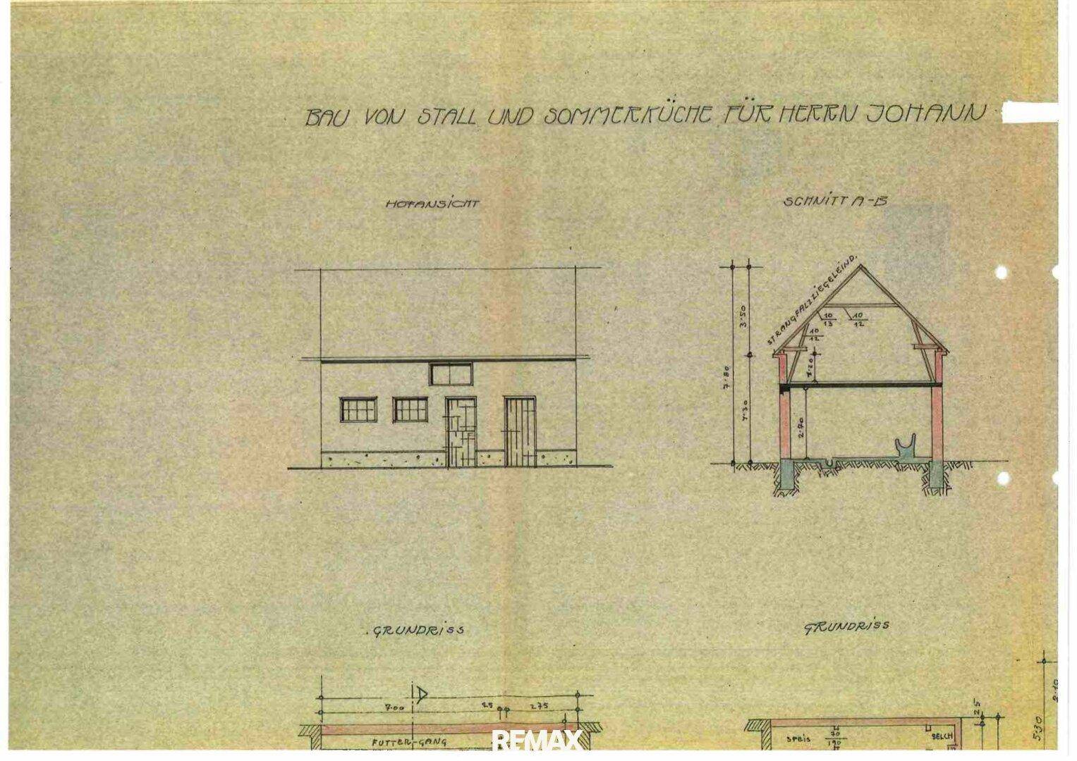 Historischer Bauplan für Stall und Sommerküche mit Ansicht und Schnitt.
