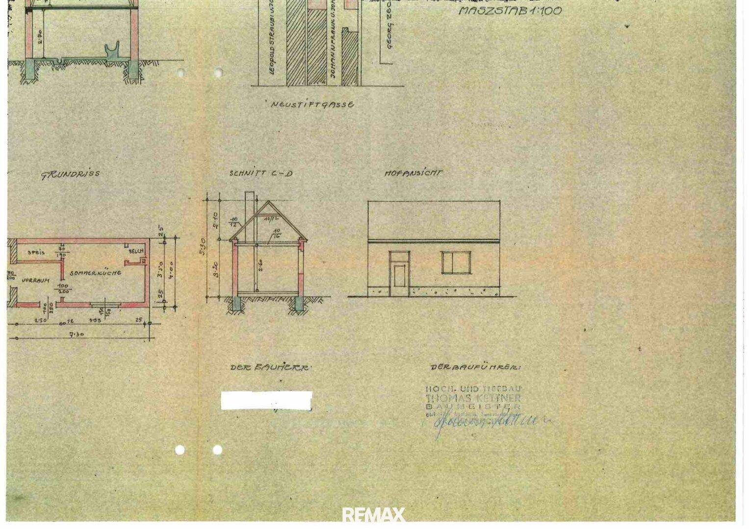 Historischer Grundriss und Schnittzeichnungen mit Details zur Sommerküche.
