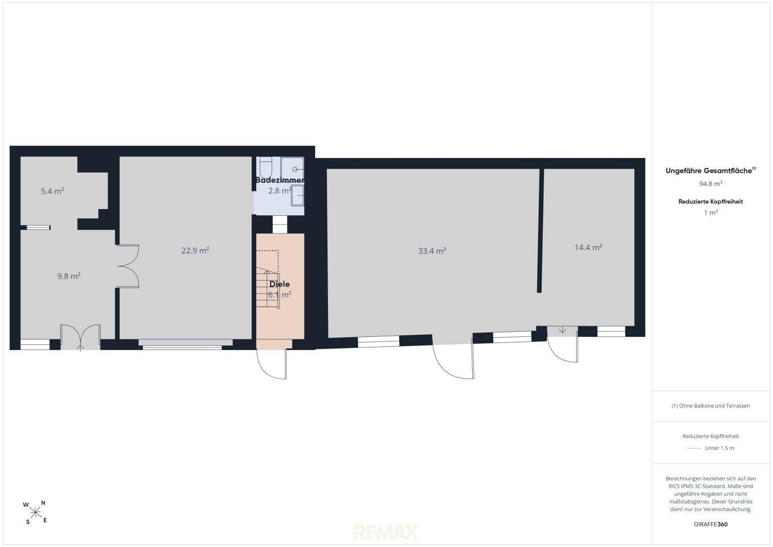Moderner Grundriss mit Flächenangaben für Badezimmer, Diele und weitere Räume.