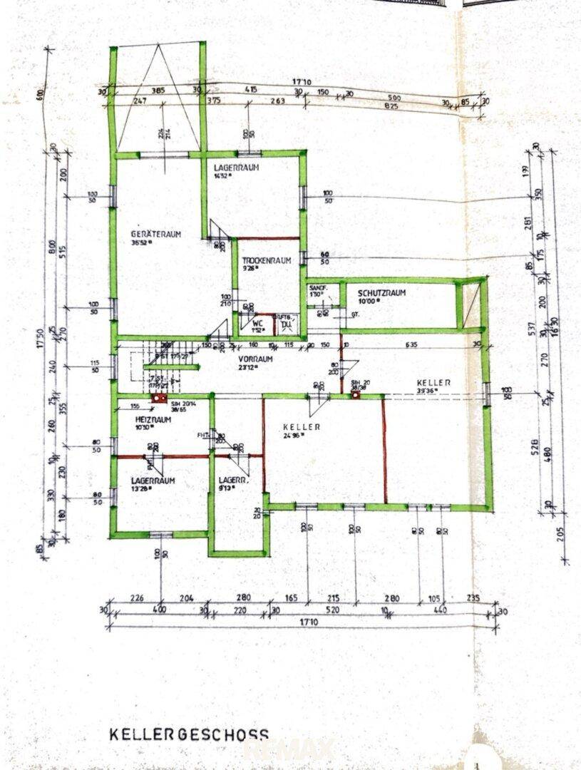 Grundriss des Kellergeschosses mit Lagerräumen, Heizraum und Schutzraum.