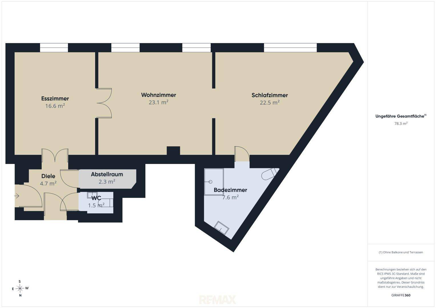 Grundriss der Wohnung mit Esszimmer, Wohnzimmer, Schlafzimmer und Badezimmer.