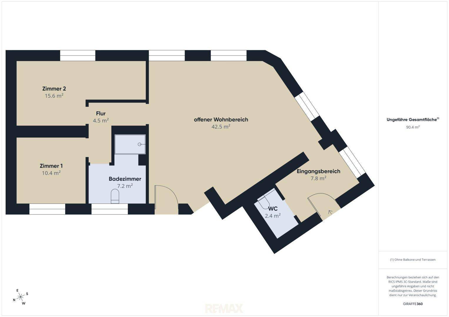 Grundriss einer Wohnung mit zwei Zimmern, offenem Wohnbereich und separatem WC.