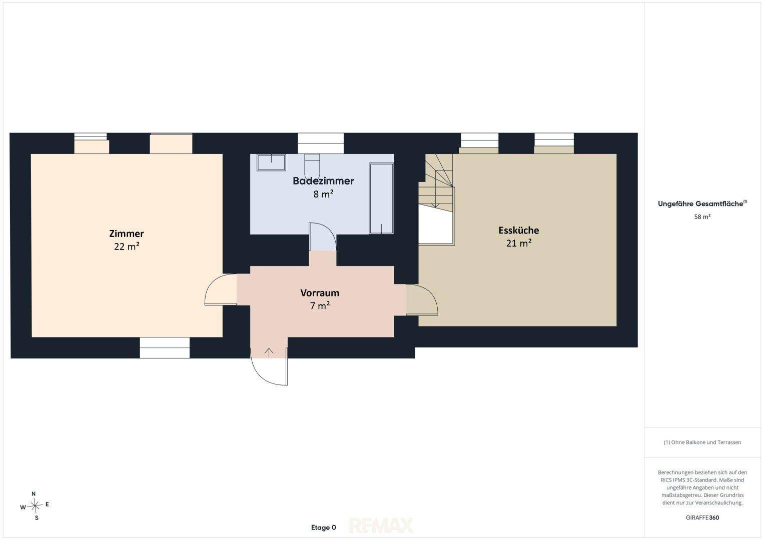 Grundriss der Etage 0 mit einem Zimmer, Badezimmer, Vorraum und einer Essküche.