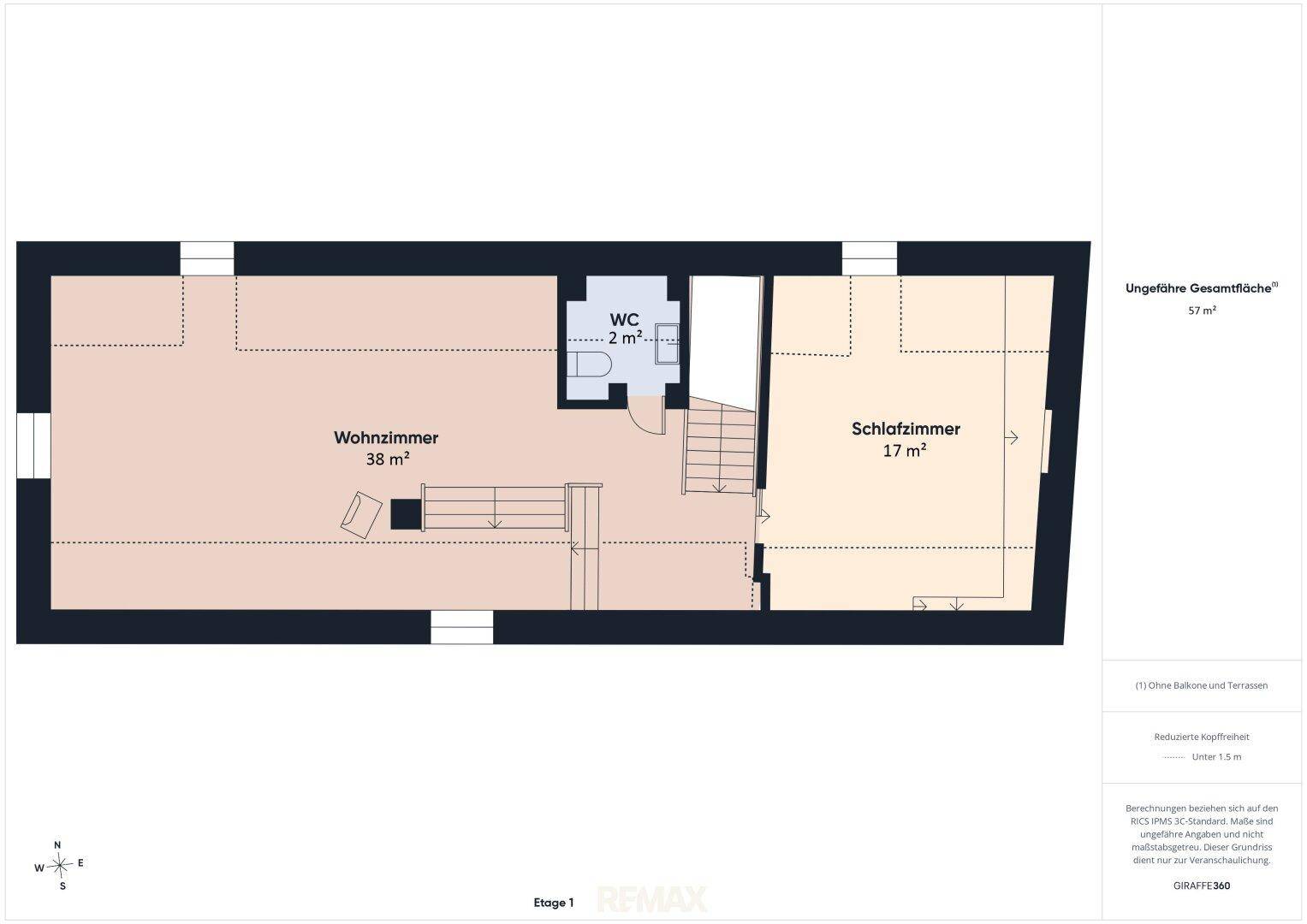 Grundriss der Etage 1 mit Wohnzimmer, WC und Schlafzimmer, inklusive Treppenaufgang.
