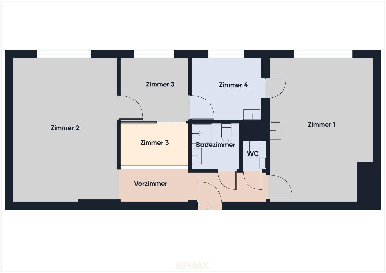 Grundrissplan einer Wohnung mit vier Zimmern, Badezimmer und separatem WC.