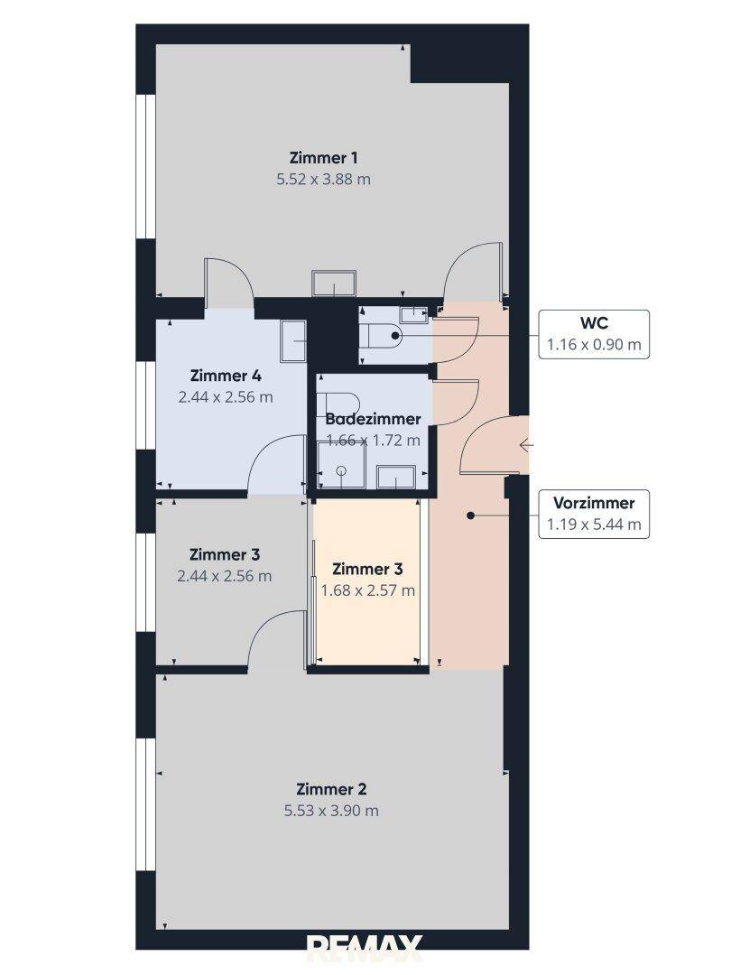 Detaillierter Grundriss mit Raummaßen, Badezimmer und separatem WC.