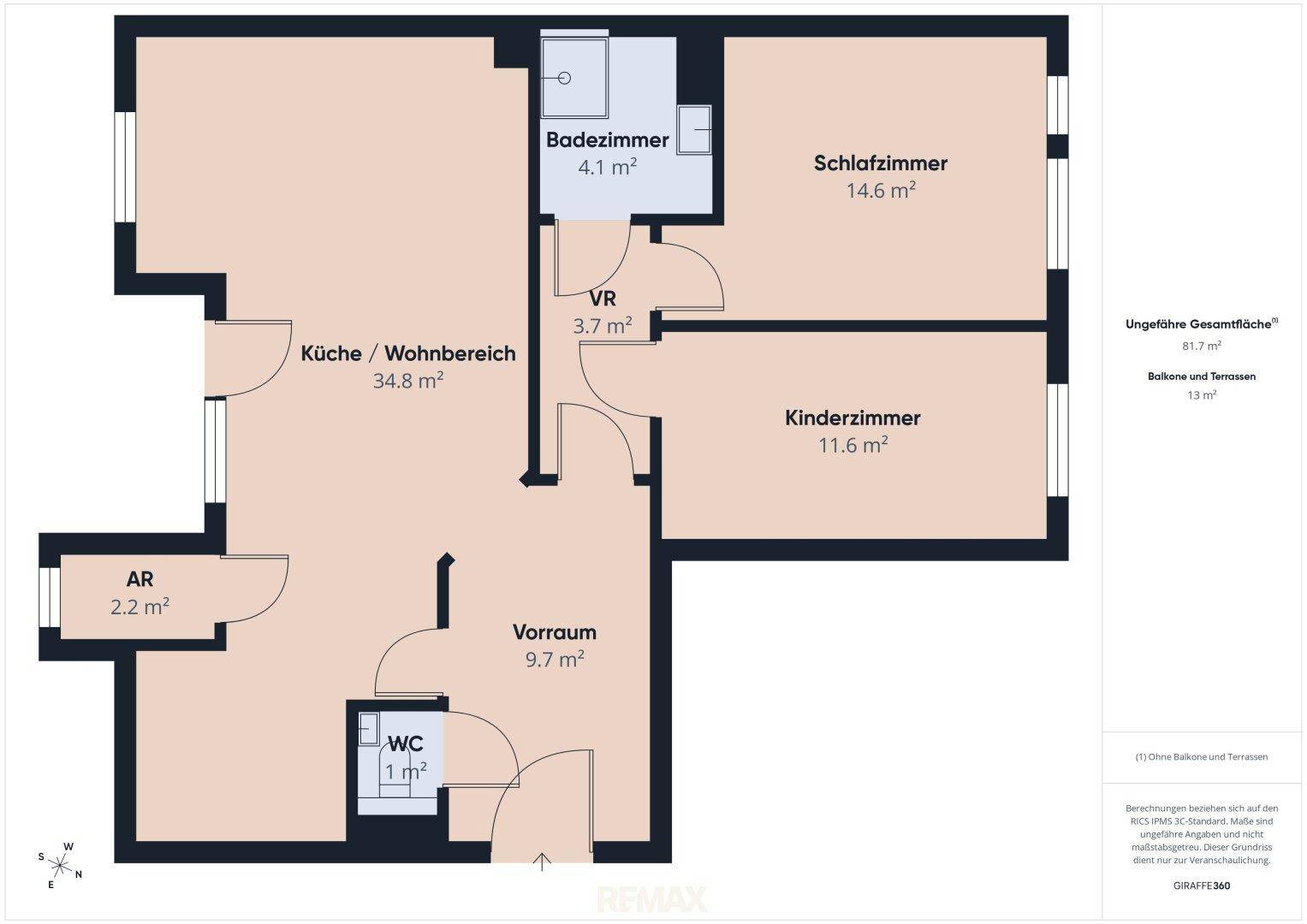 Übersichtlicher Grundriss der Wohnung mit Küche/Wohnbereich, Schlafzimmern und Bad.