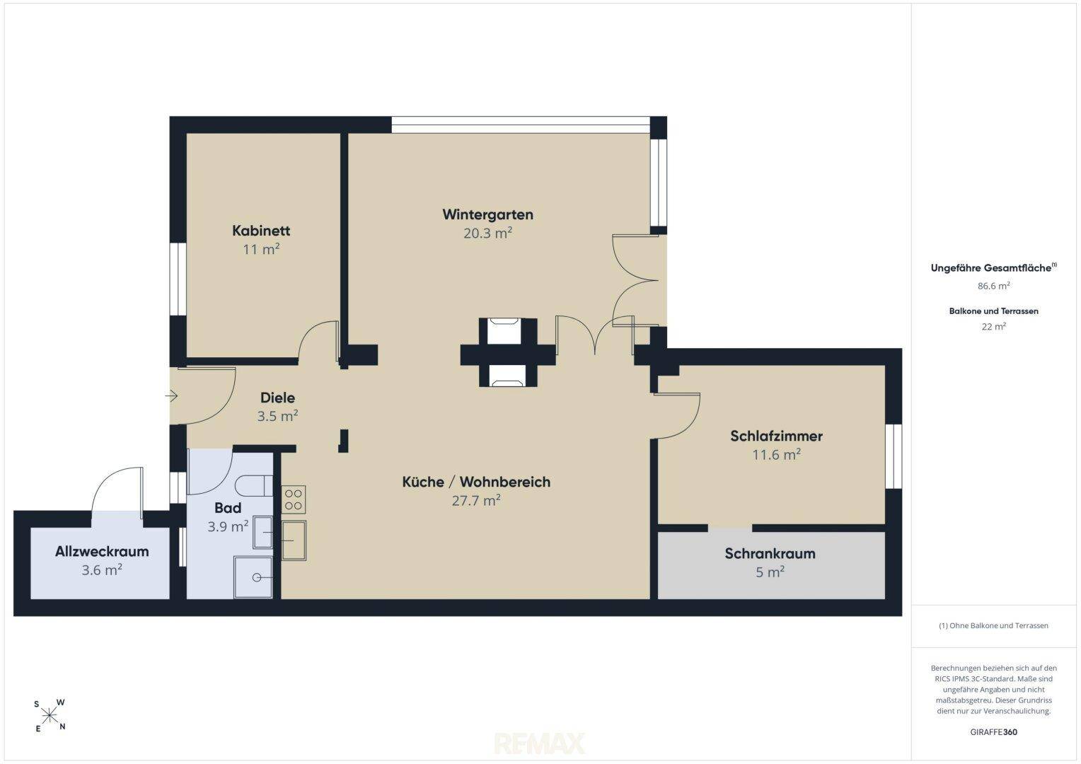 Grundrissplan einer Wohnung mit offenem Wohnbereich, Wintergarten und separatem Schrankraum.