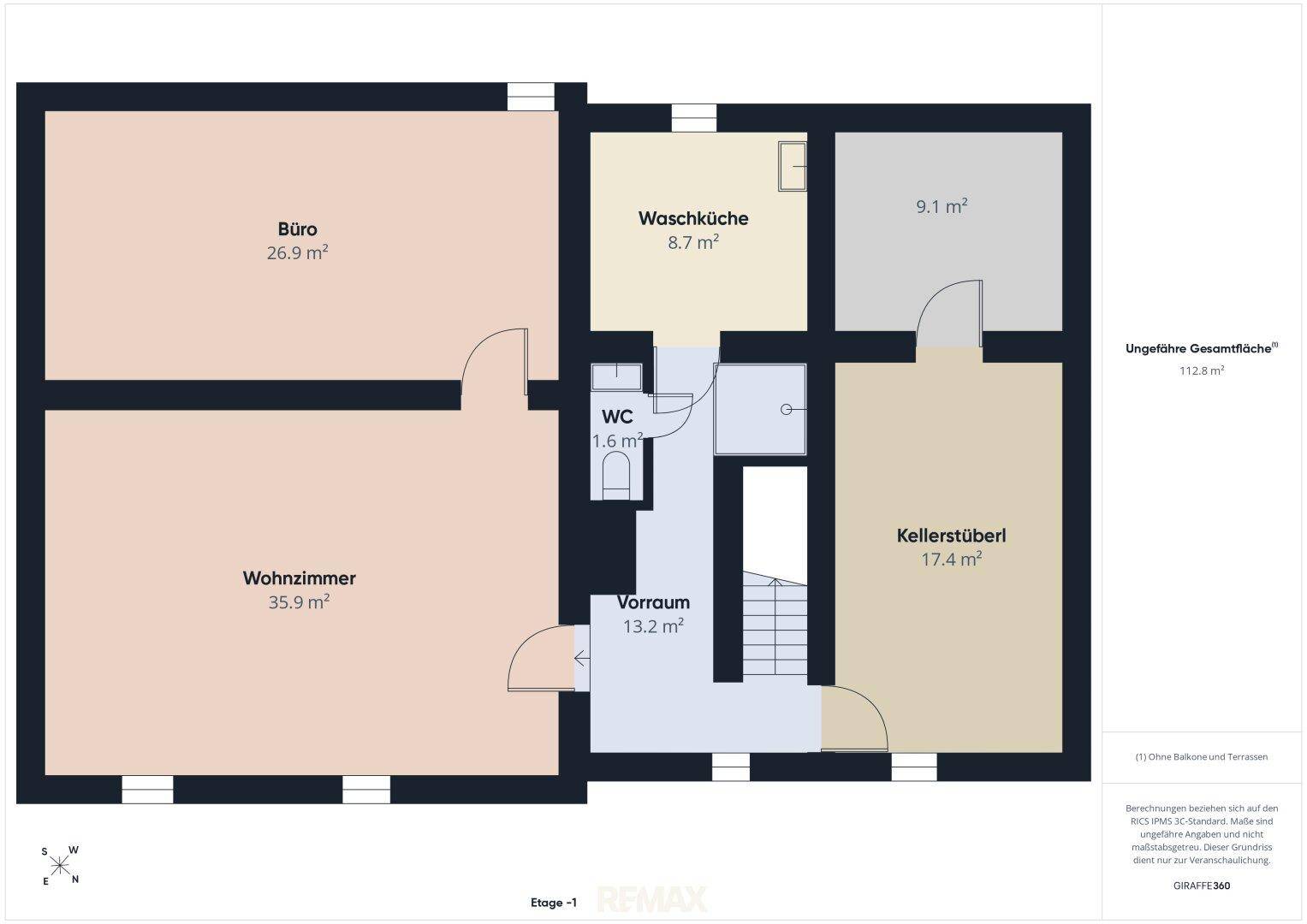 Grundriss der Etage -1 mit Wohnzimmer, Büro, Waschküche, WC und Kellerstüberl.
