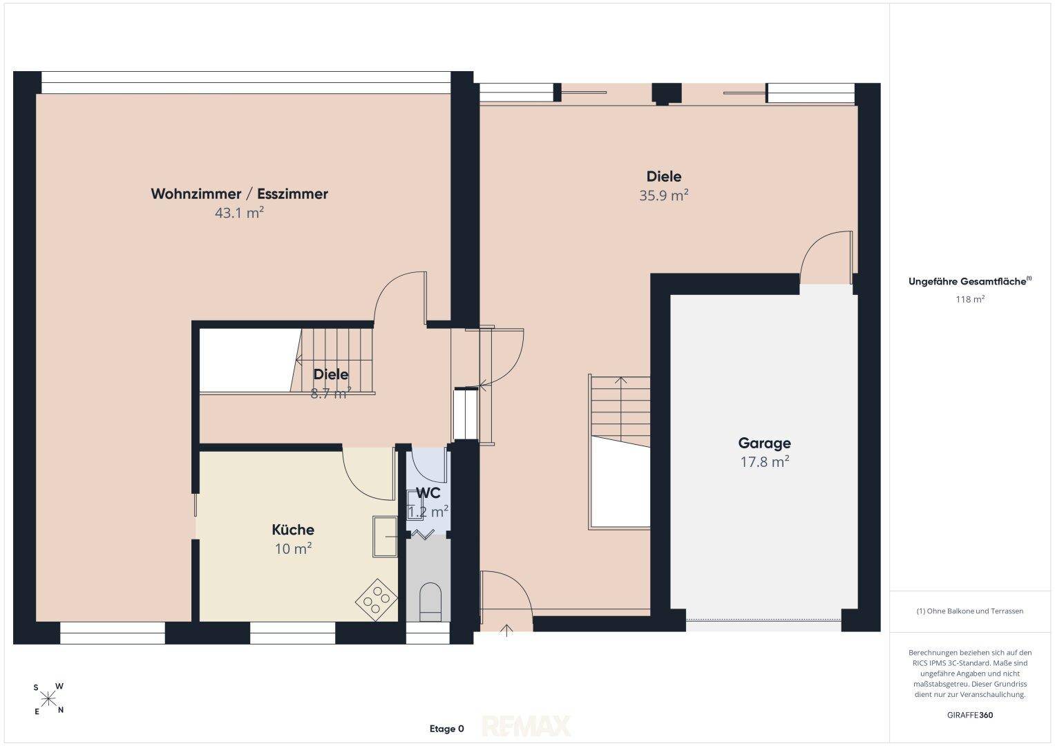 Grundriss des Erdgeschosses mit Wohn-/Esszimmer, Küche, Diele, WC und Garage.