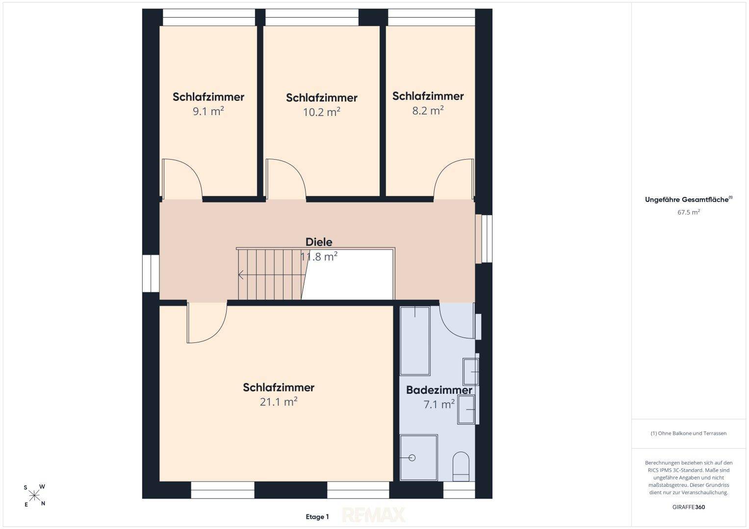 Grundriss der Etage 1 mit vier Schlafzimmern und einem Badezimmer.