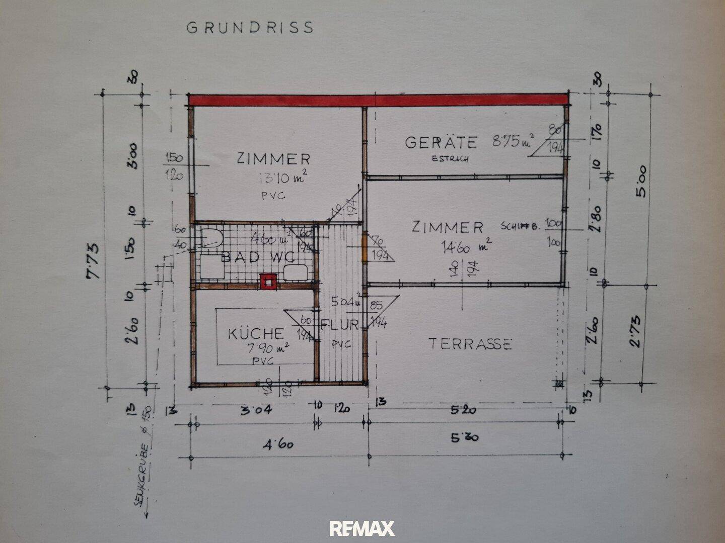 Handgezeichneter Grundriss mit Zimmern, Bad, Küche und Terrasse.