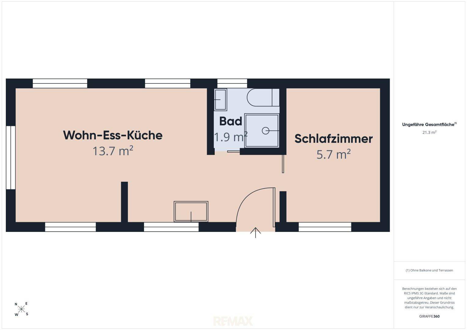 Grundriss des Hauses mit Wohn-Ess-Küche, Bad und Schlafzimmer auf 21.3 m².