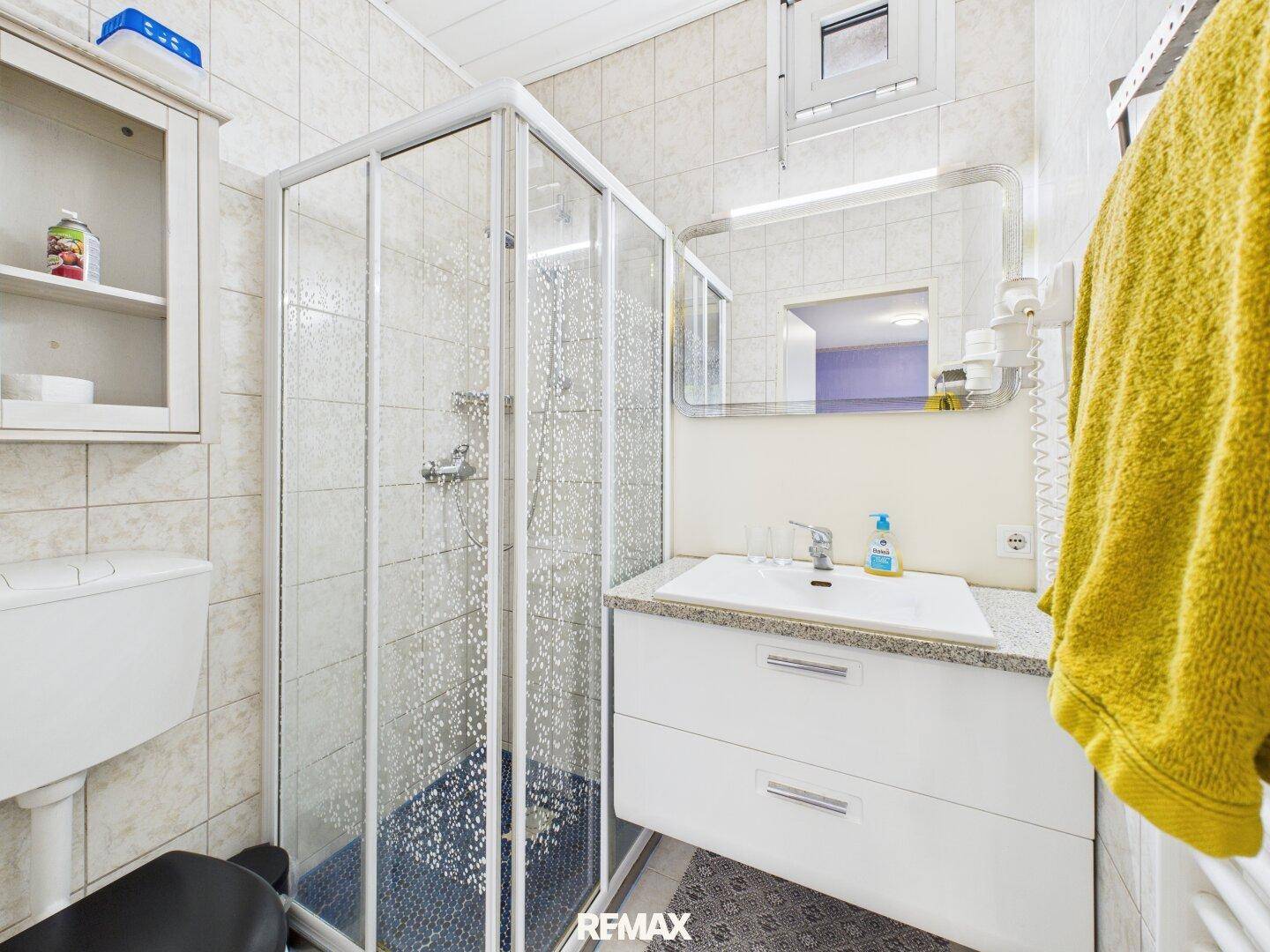 Badezimmer mit Dusche, Waschbecken und Spiegelschrank, funktional und gut beleuchtet.