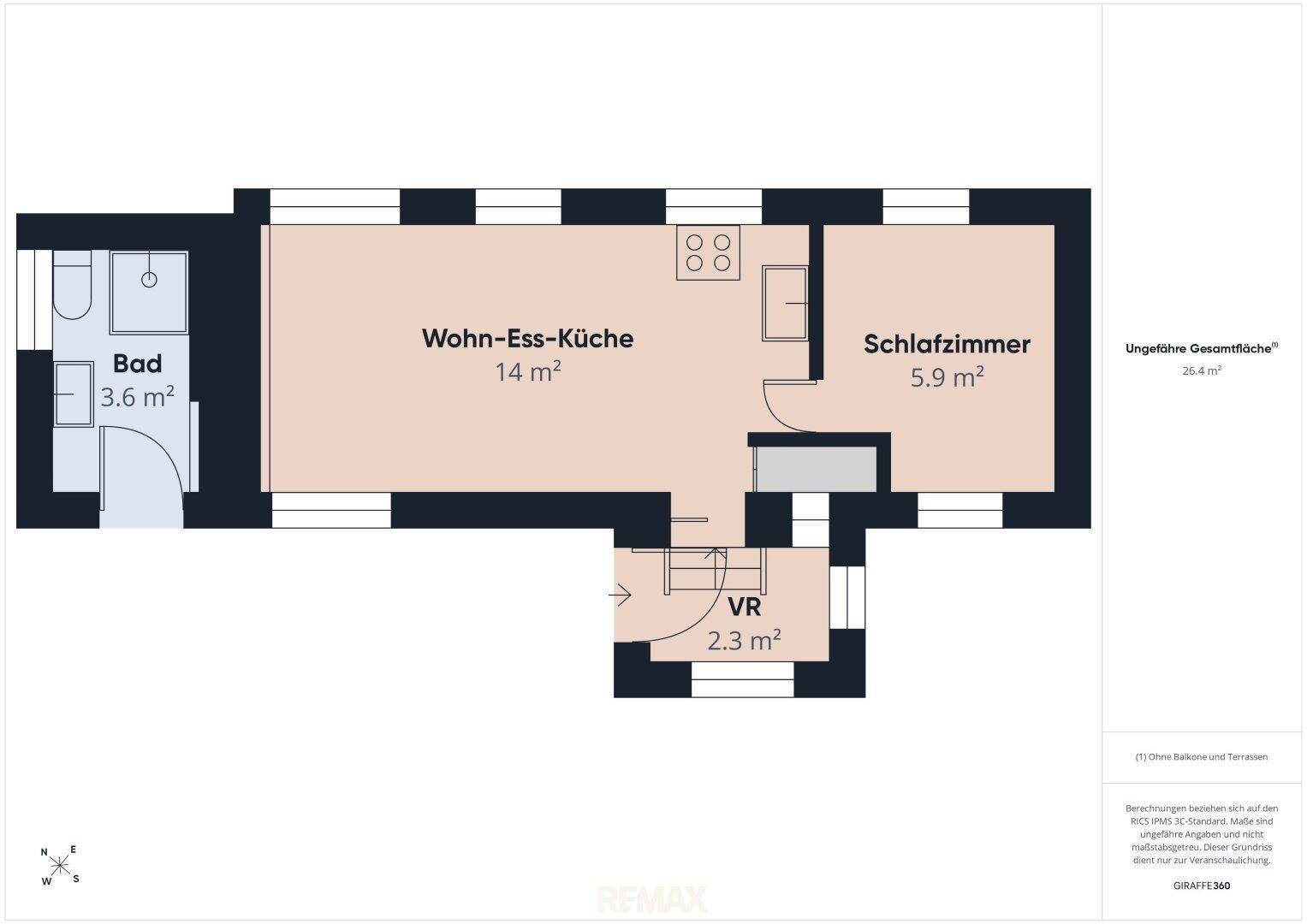 Grundriss zeigt eine Wohn-Ess-Küche, ein Schlafzimmer und ein Badezimmer.