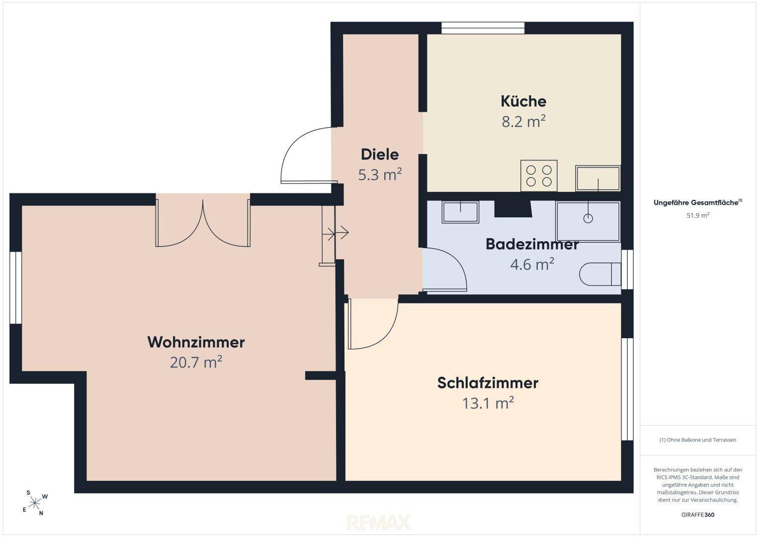 Digitaler Grundriss mit Wohnzimmer, Schlafzimmer, Küche und Badezimmer.