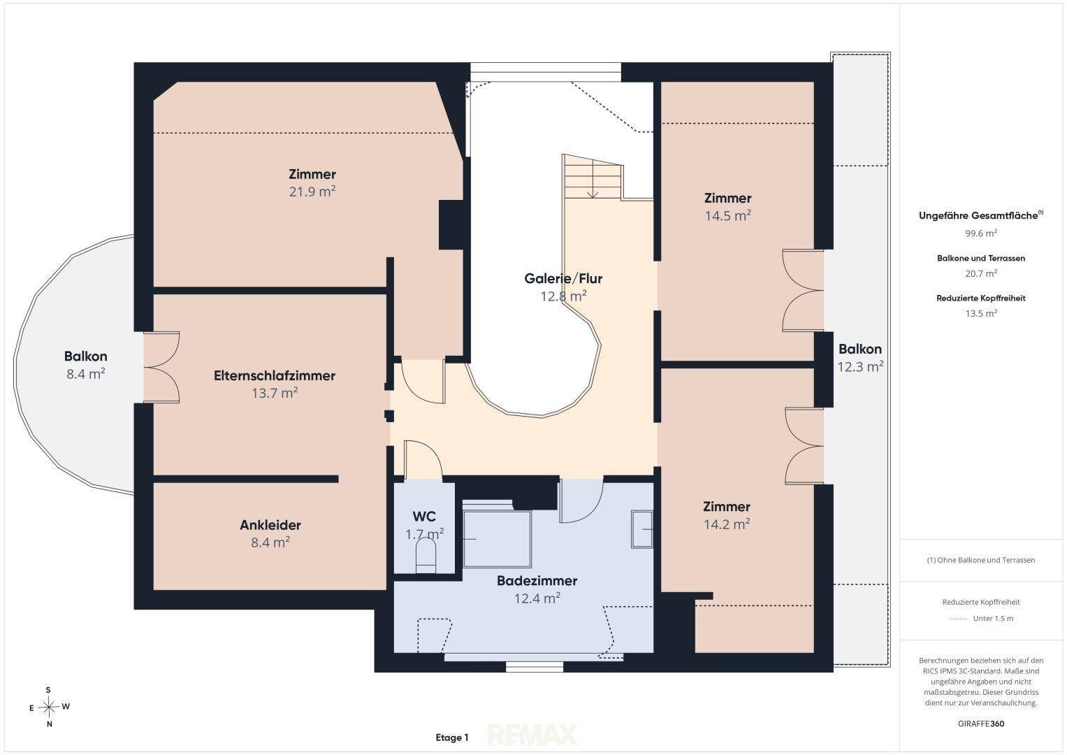 Grundriss des Obergeschosses mit Schlafzimmern, Badezimmer, Ankleideraum und zwei Balkonen.