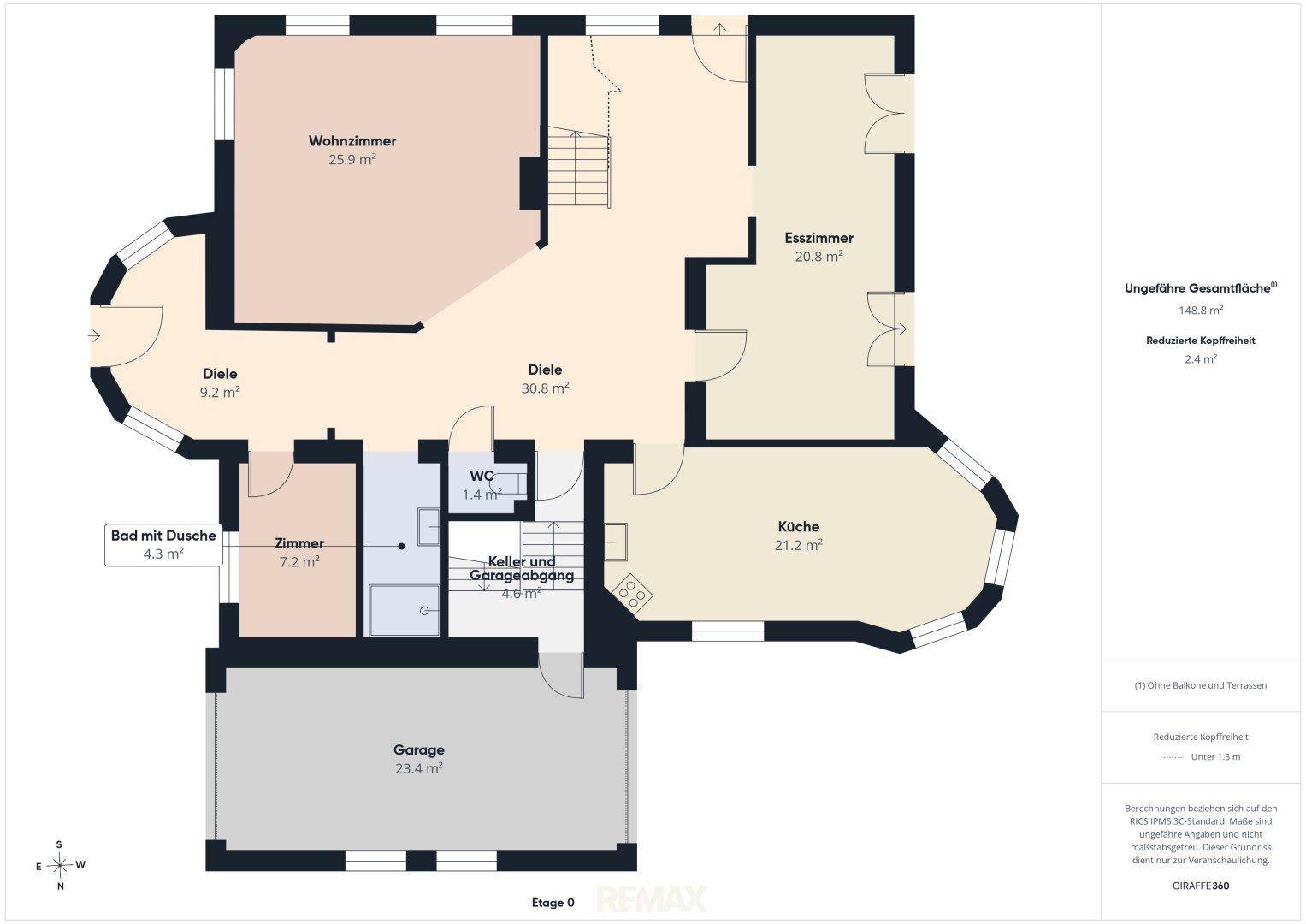 Grundriss des Erdgeschosses mit Wohnzimmer, Küche, Esszimmer, Diele und Garage.