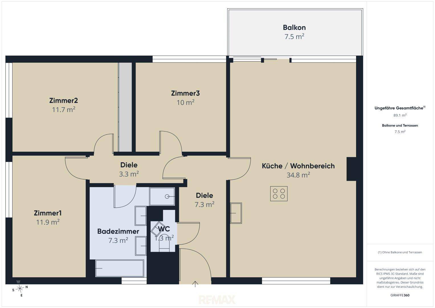 Detaillierter Grundriss einer Wohnung mit drei Zimmern, offenem Wohnbereich und Balkon.