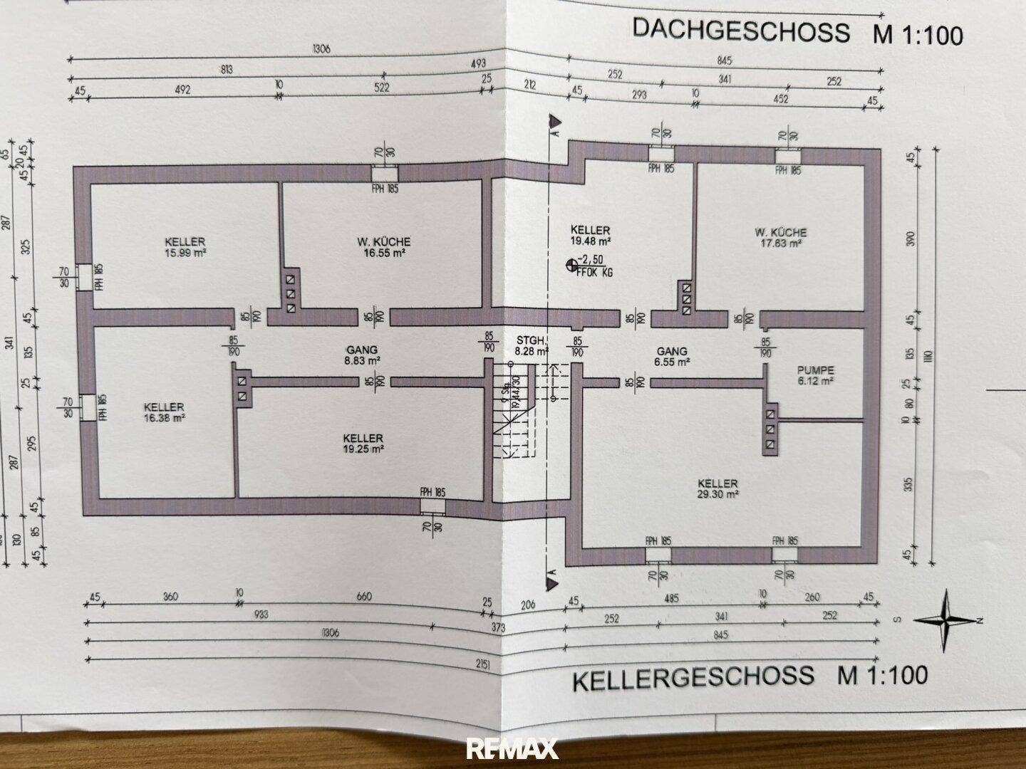Grundriss des Keller- und Dachgeschosses mit mehreren Kellerräumen, einer Küche und Zimmern.