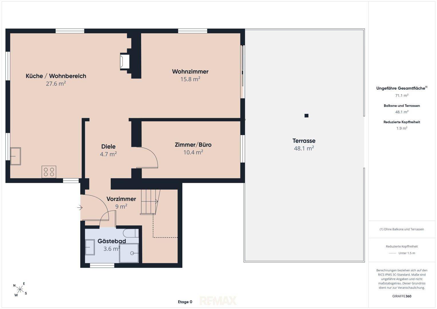 Grundriss des Erdgeschosses mit offener Küche, Wohnzimmer, Büro und großer Terrasse.