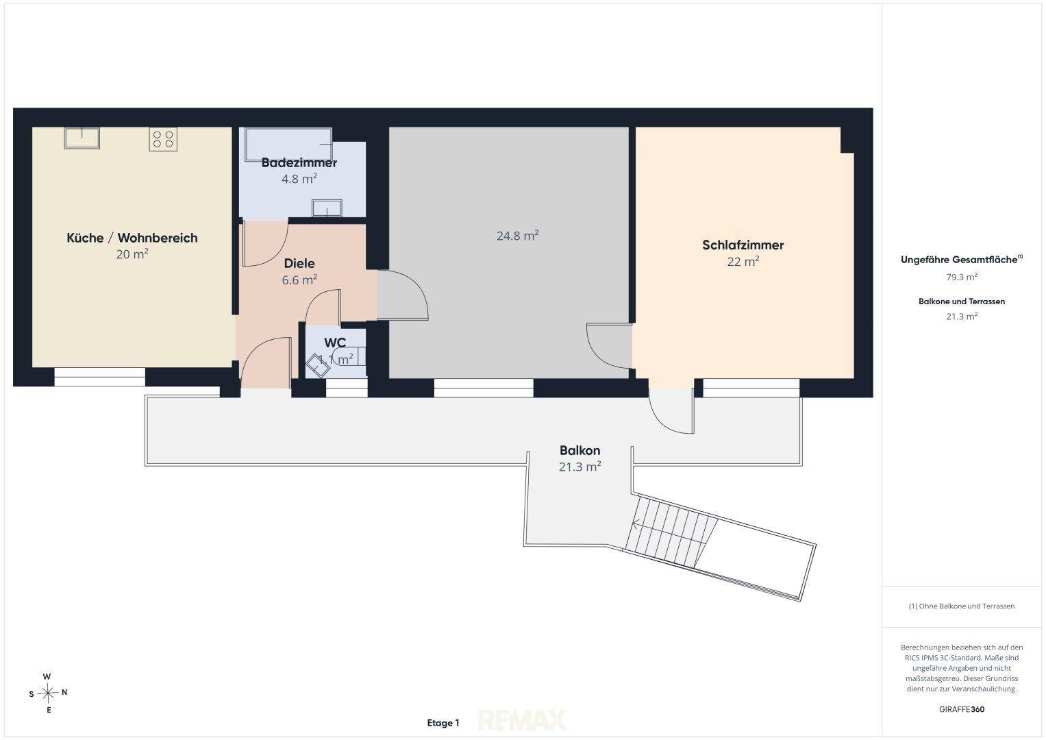 Grundriss der Etage 1 mit Küche, Wohnbereich, Schlafzimmer, Bad und Balkon.