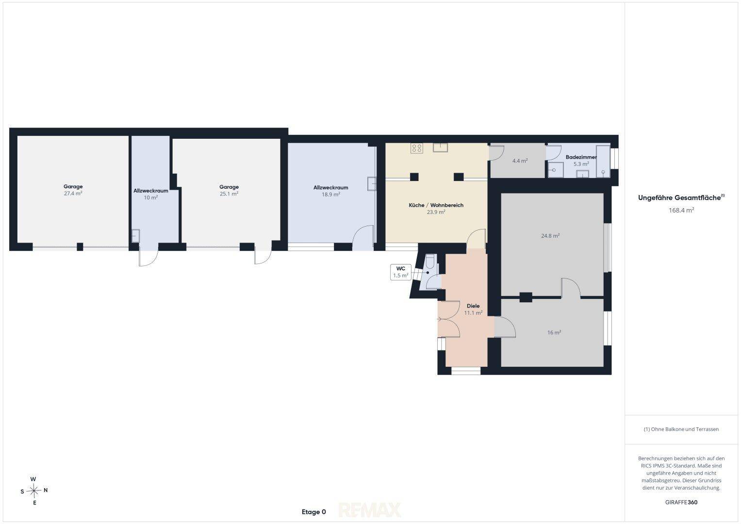 Grundriss der Etage 0 mit Garagen, Abstellräumen, Küche, Wohnbereich, Bad und Balkon.