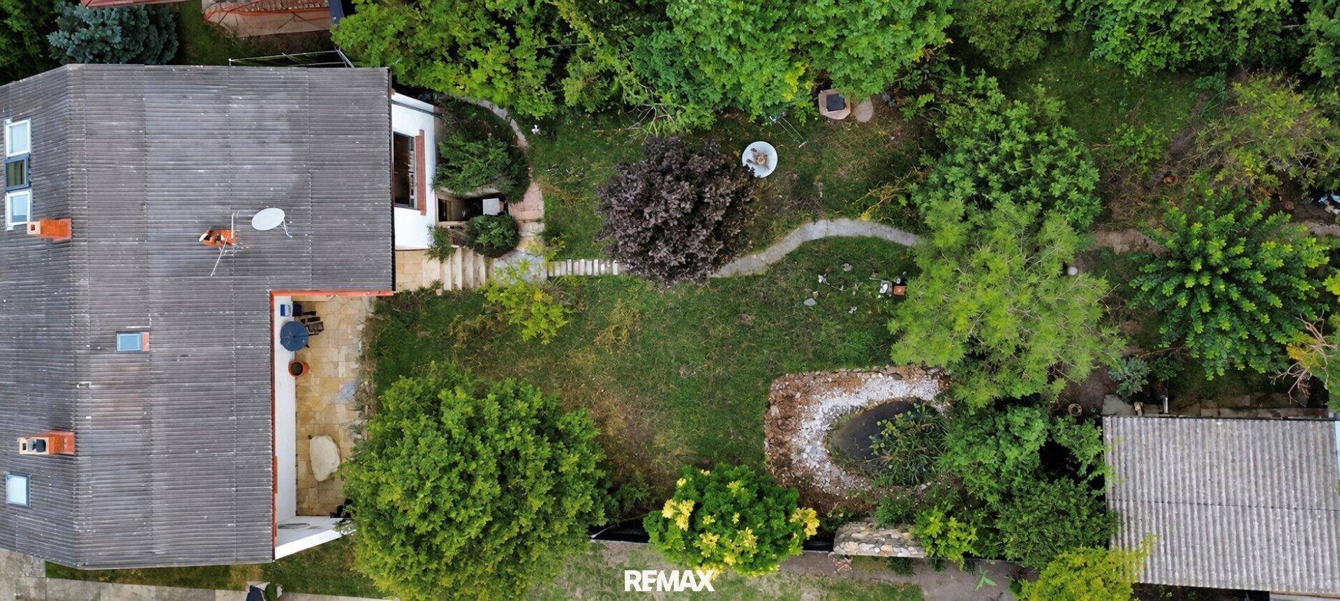 Vogelperspektive des Hauses mit großem, grünen Garten, Teich und Wegen.