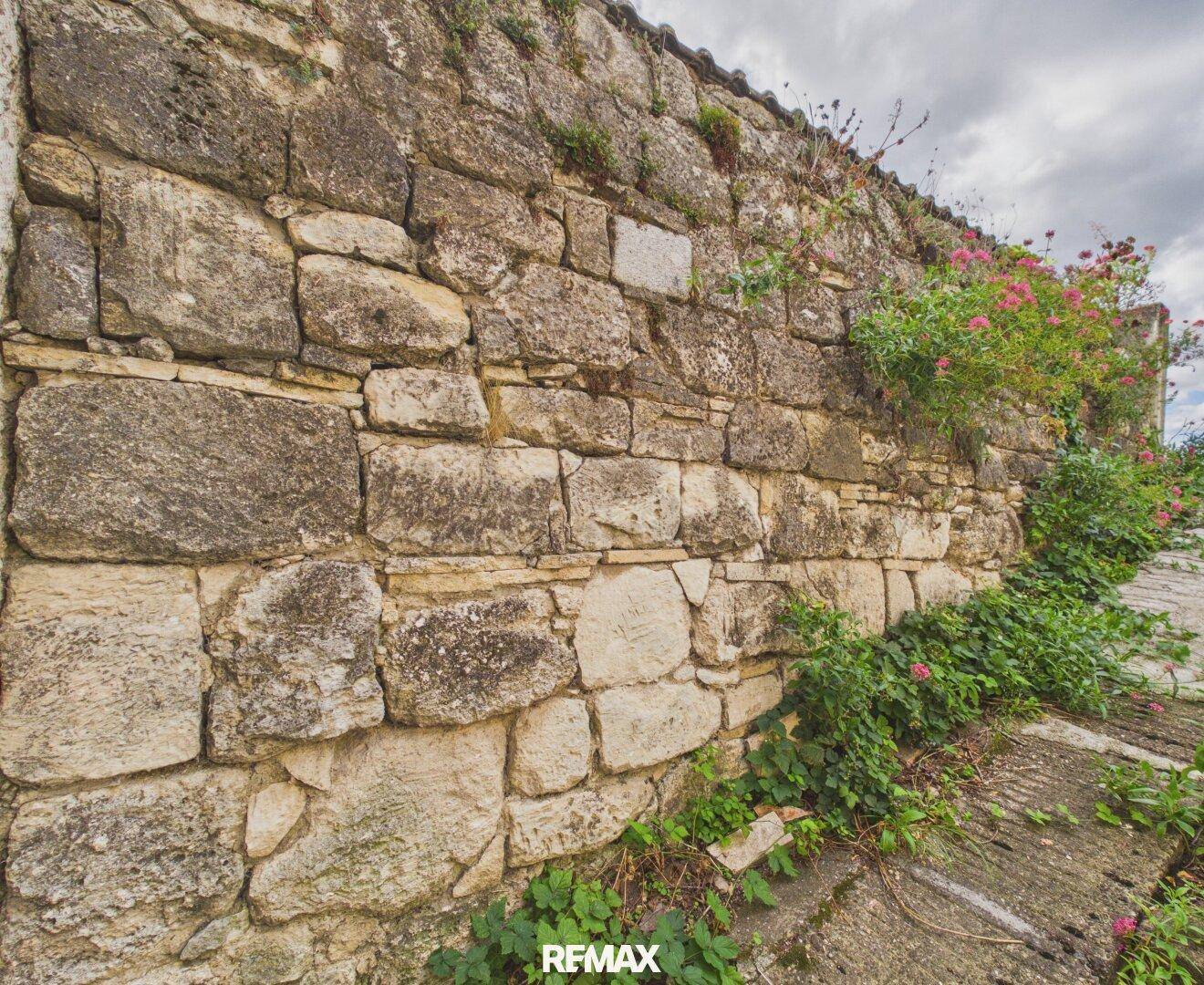 Alte Steinmauer mit üppigem Grün und blühenden Pflanzen unter bewölktem Himmel.