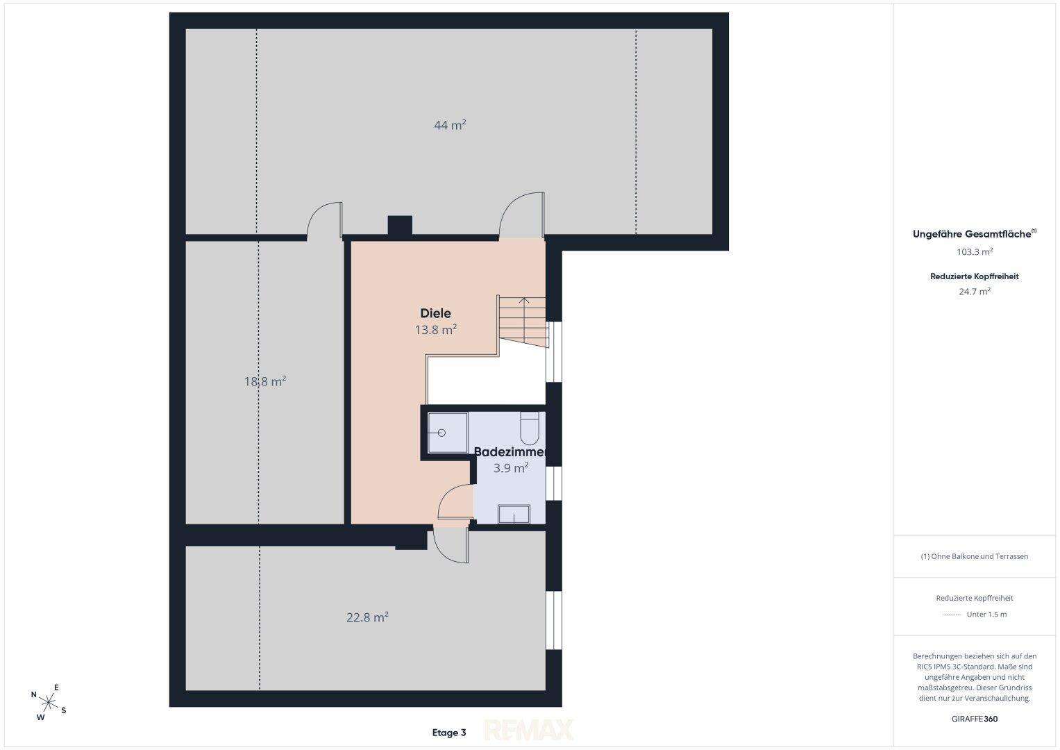 Moderner Grundriss der dritten Etage mit Badezimmer, Diele und Schlafbereichen.