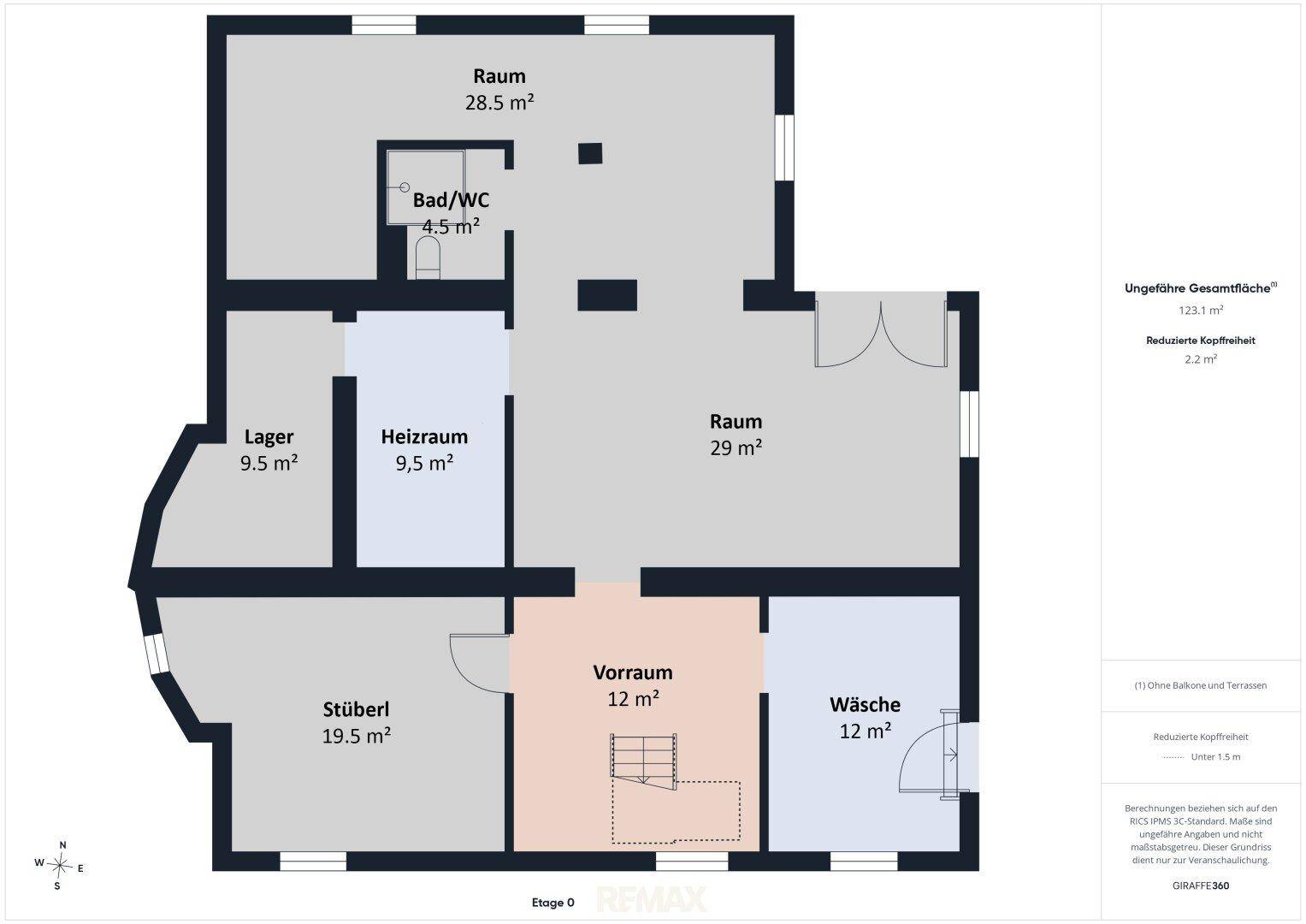 Grundriss der Etage 0 mit Lager, Heizraum, Stüberl und Waschküche.