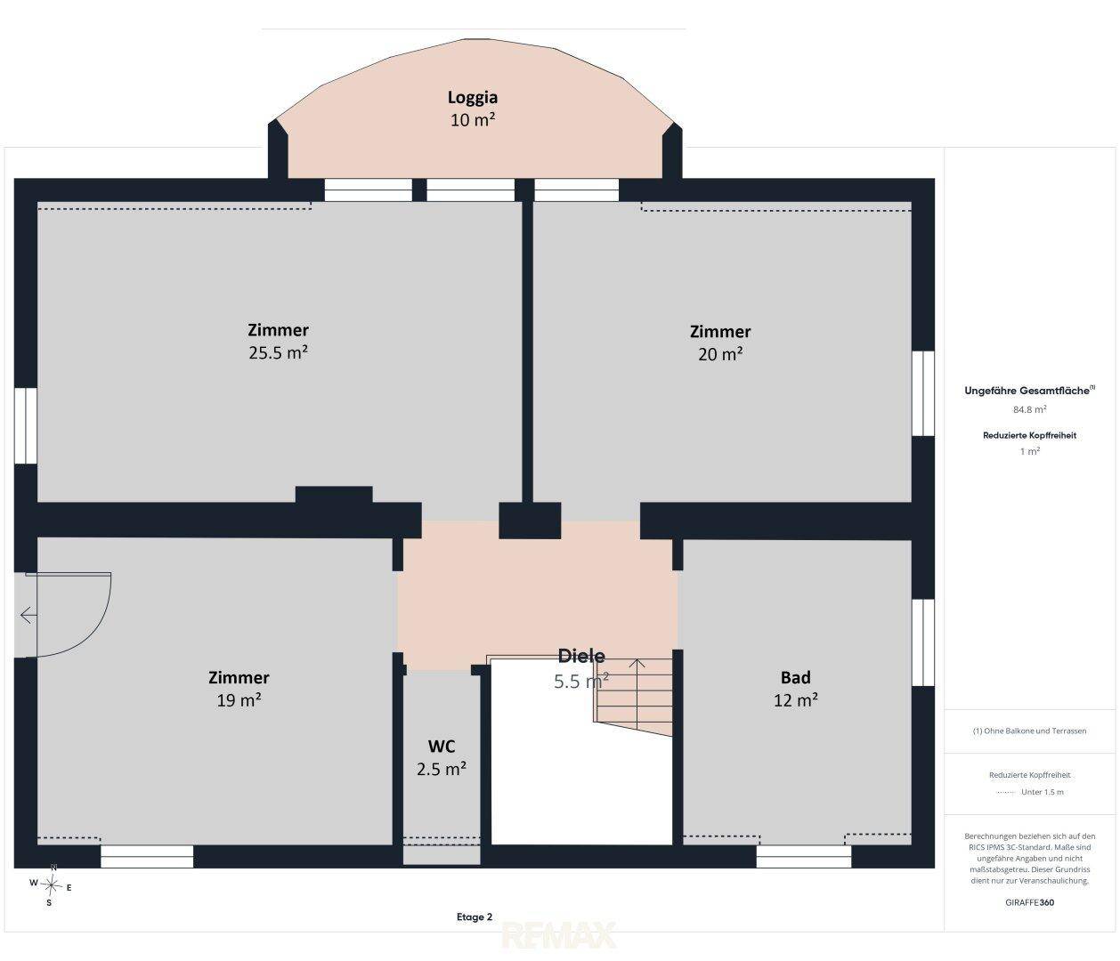 Grundriss der zweiten Etage mit mehreren Zimmern, Bad, WC und einer Loggia.