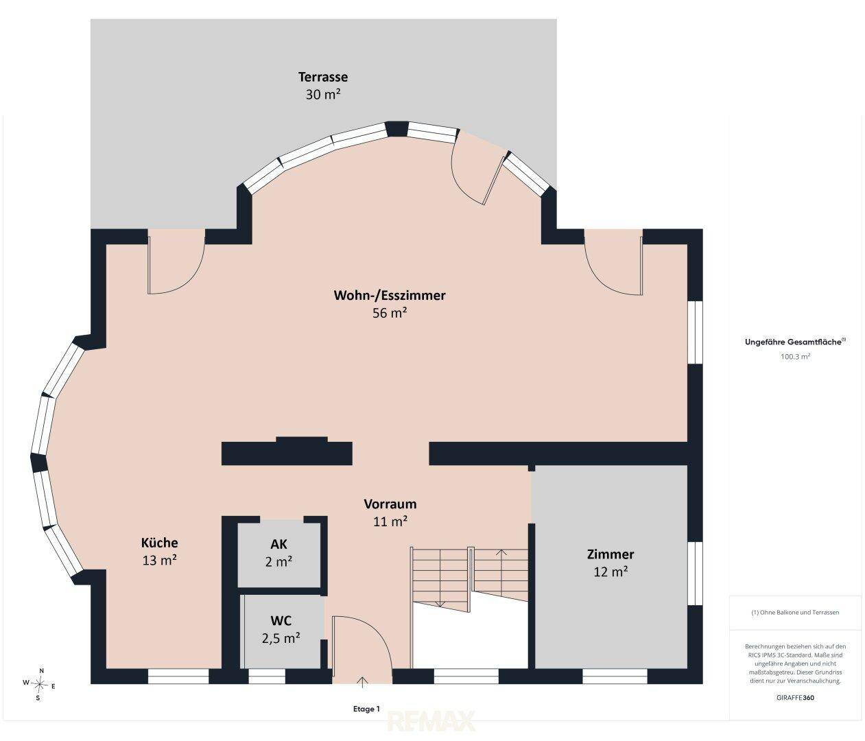 Grundriss der ersten Etage mit großem Wohn-Esszimmer, Küche und Terrasse.