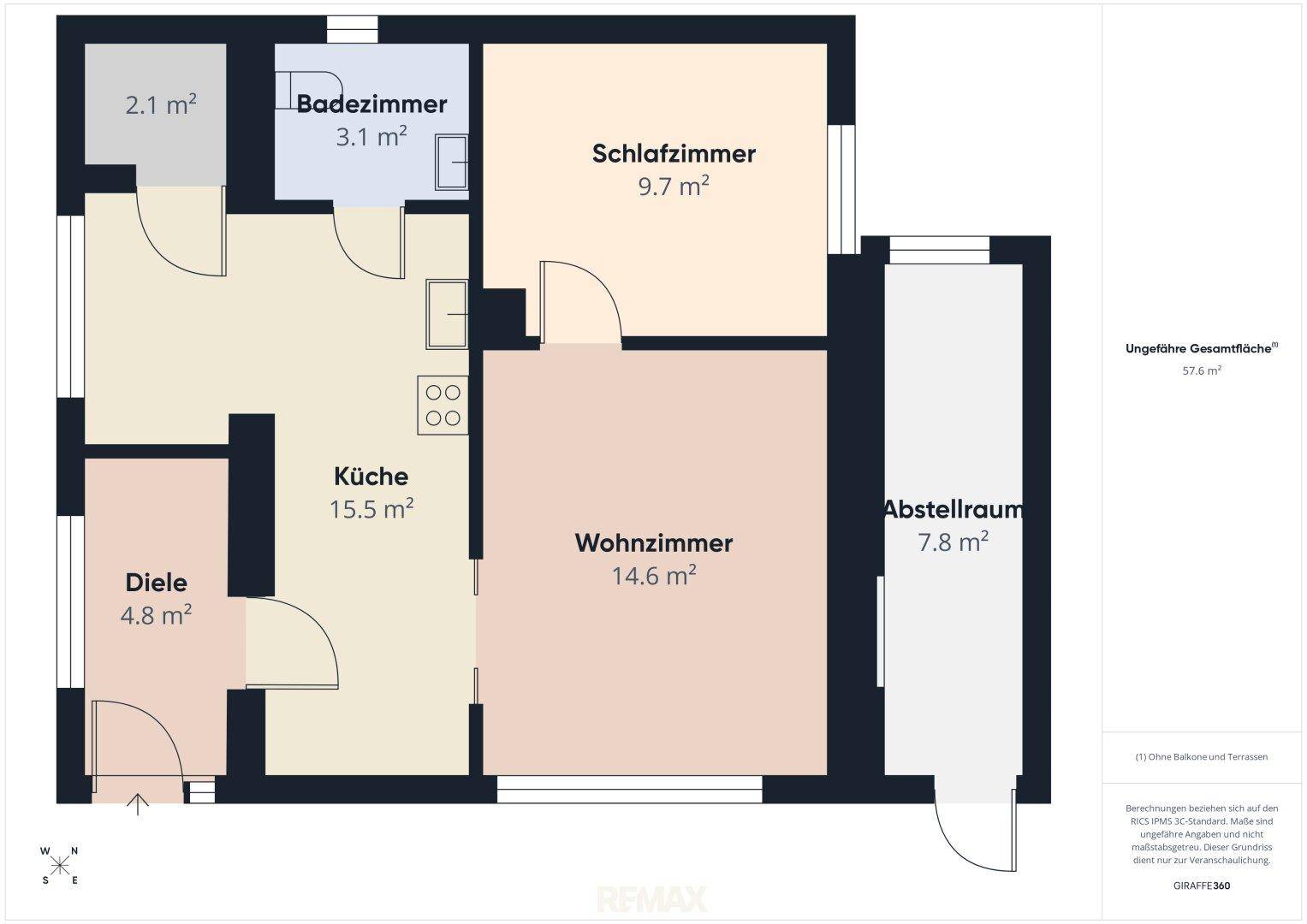 Grundriss des Hauses mit Aufteilung in Wohnzimmer, Küche, Schlafzimmer und Bad.