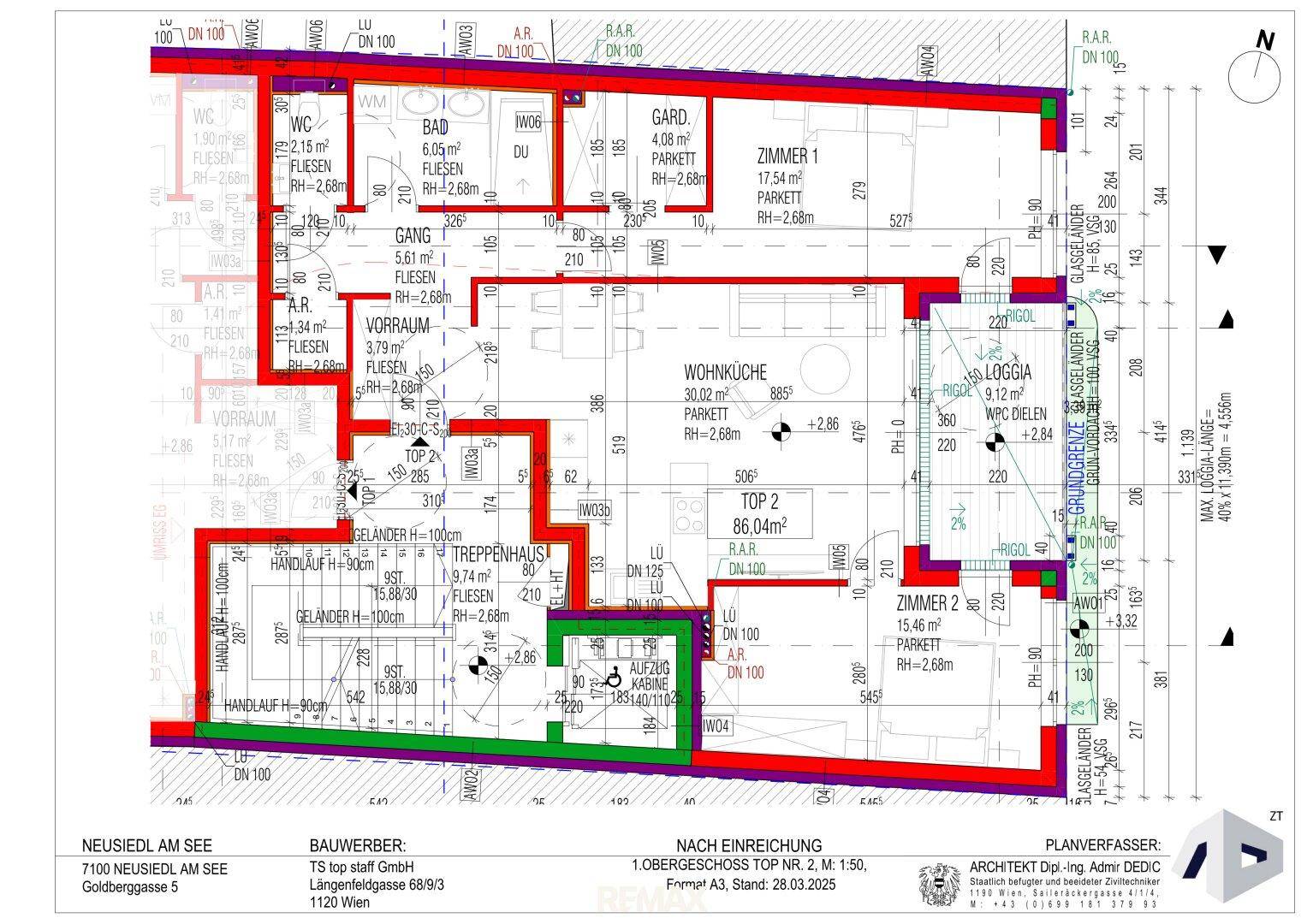 Grundriss des 1. Obergeschosses mit offener Wohnküche, zwei Schlafzimmern, Loggia und Aufzug.