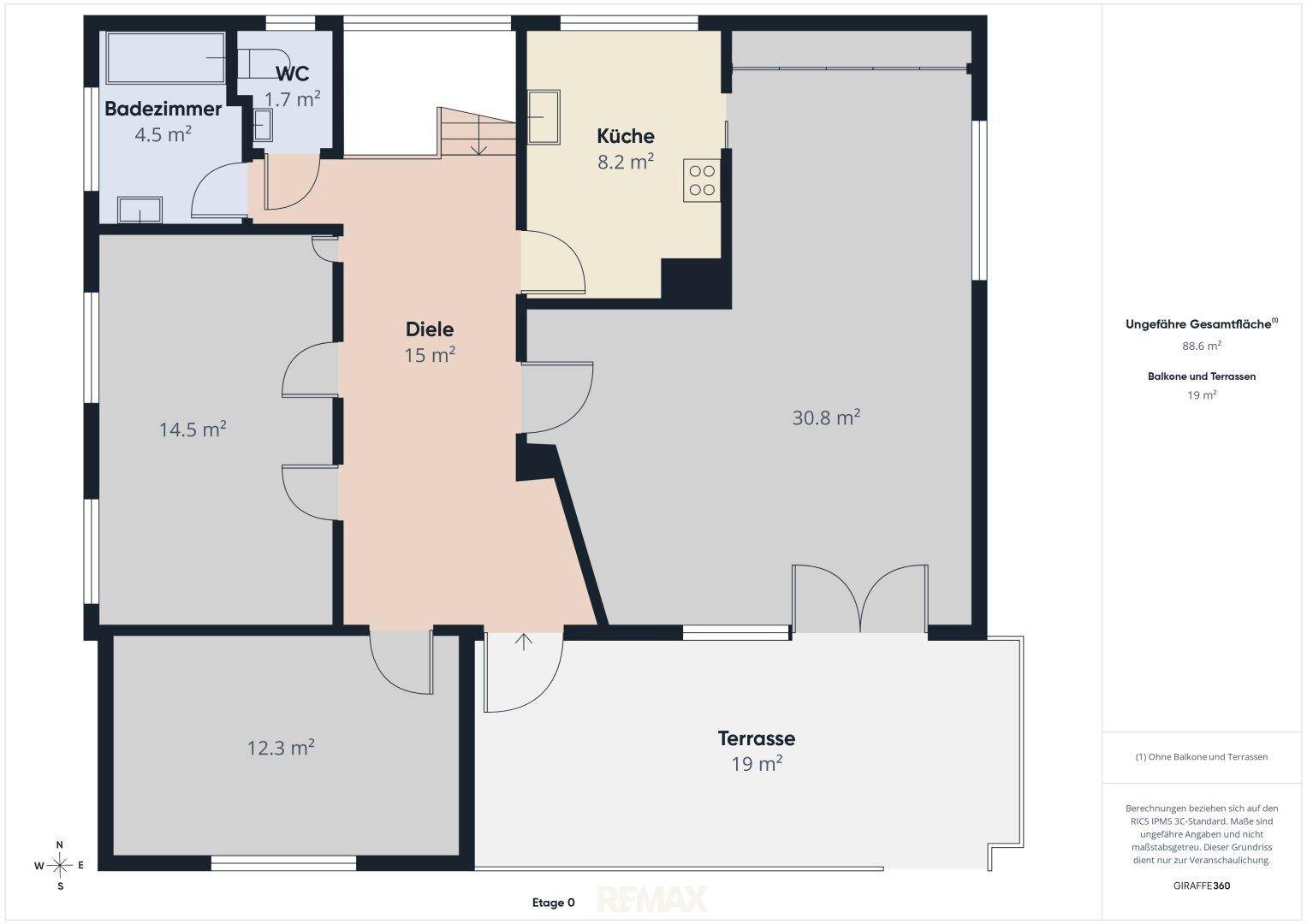 Detaillierter Grundriss des Erdgeschosses mit Küche, Bad, WC und Terrasse.
