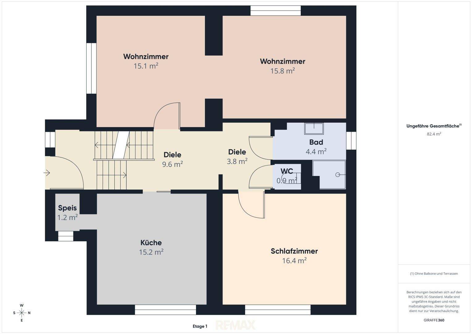 Grundriss der ersten Etage mit Wohnzimmern, Schlafzimmer, Küche, Bad und WC.