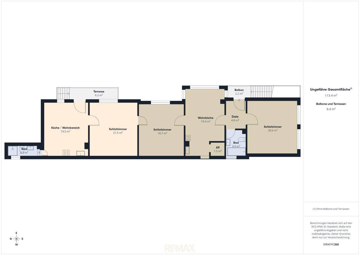 Detaillierter Grundriss der Wohnung mit Aufteilung in Küche, Wohnbereich, Schlafzimmer und Bäder.
