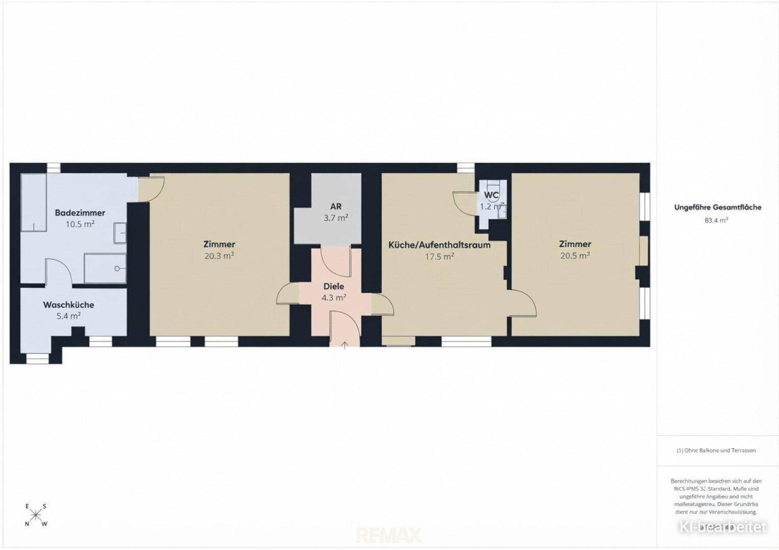 Grundriss des Erdgeschosses mit Badezimmer, Waschküche, Zimmern, Diele und Küche/Aufenthaltsraum.