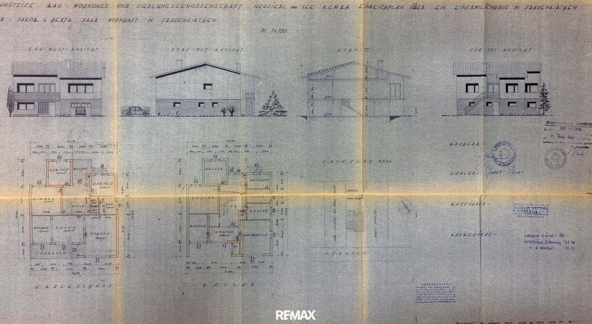 Historischer Bauplan des Hauses mit verschiedenen Ansichten und Grundrissen.