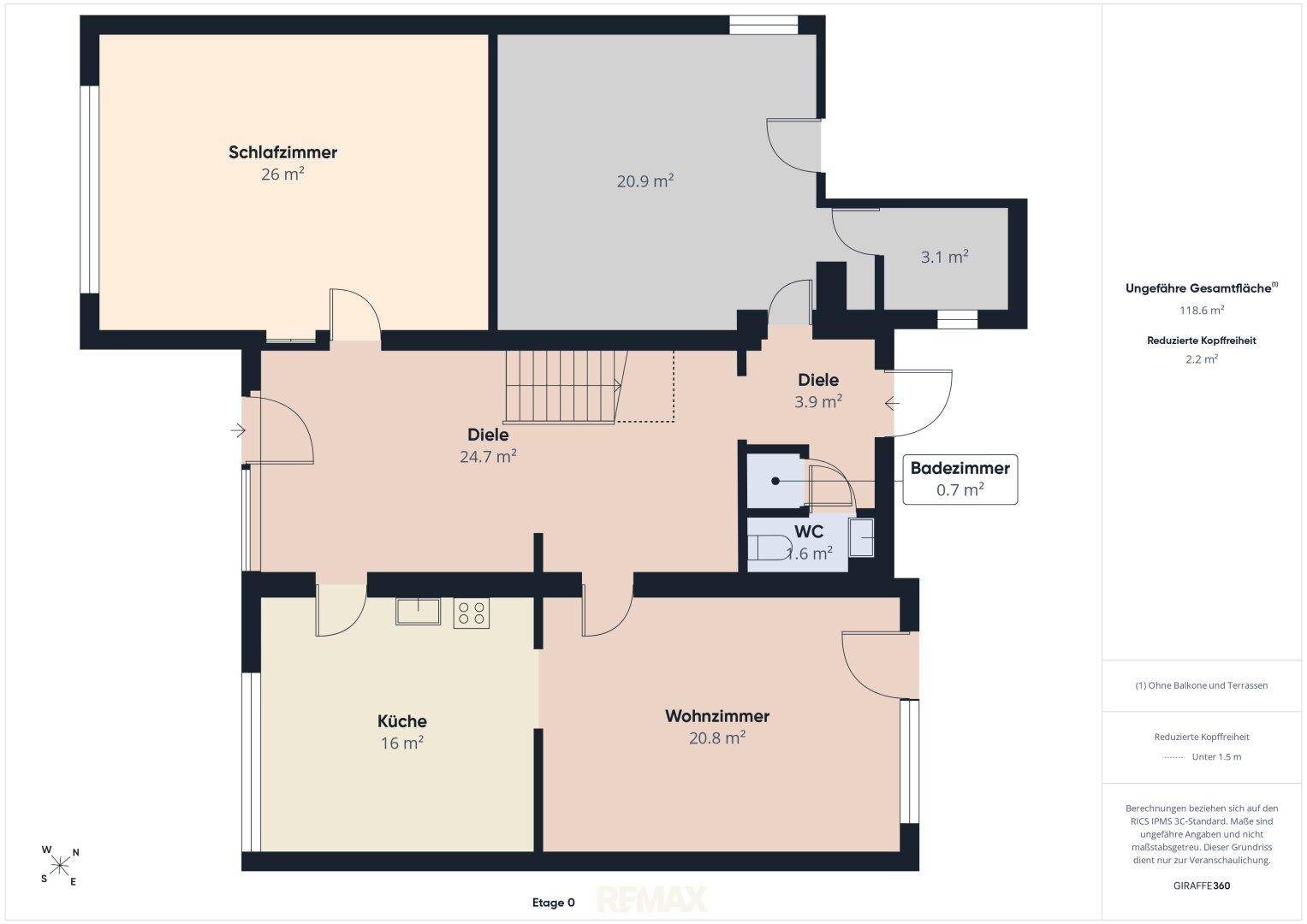 Grundriss des Erdgeschosses mit Wohnzimmer, Küche, Schlafzimmern und Badezimmer.