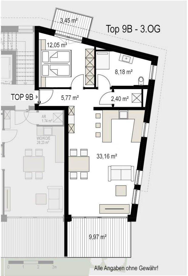 Grundriss 3.OG Top 9B, Wohnbauprojekt Pro20+ Kufstein