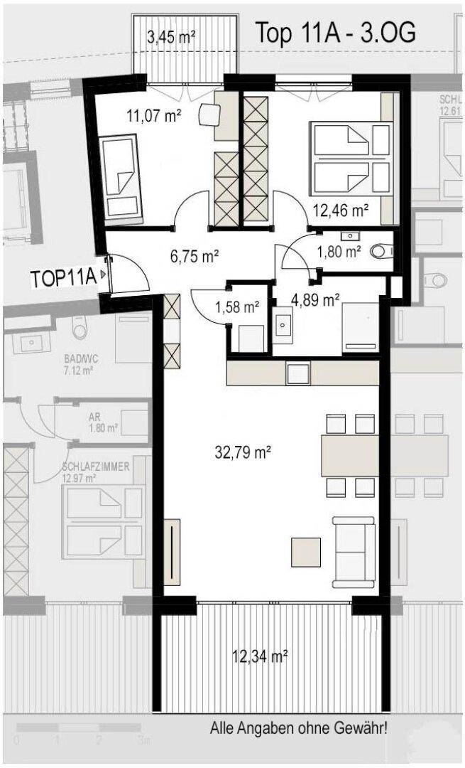 Grundriss 3.OG Top 11B, Wohnbauprojekt Pro20+ Kufstein