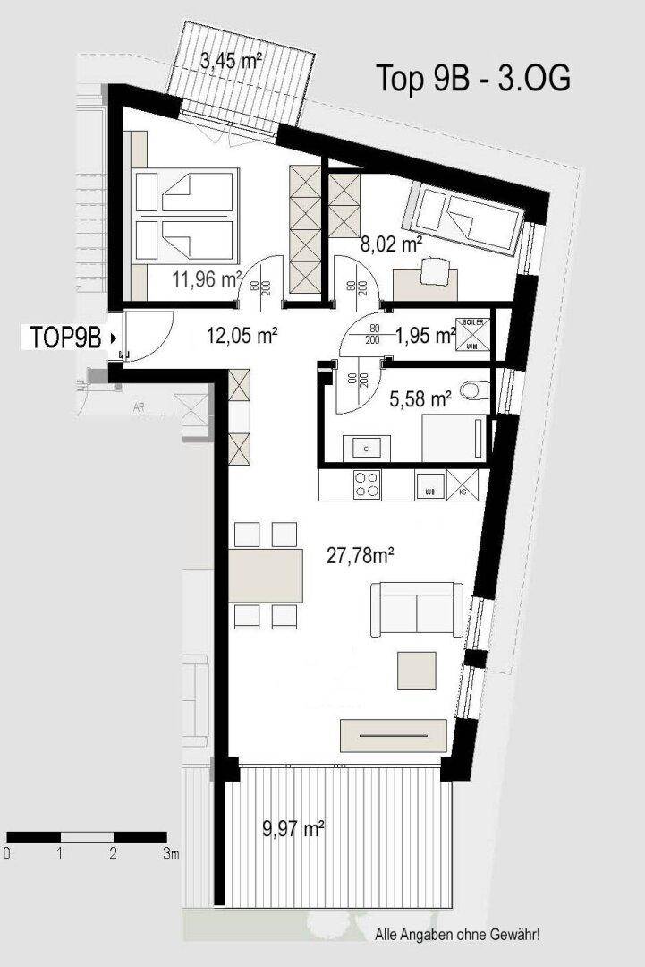 Grundriss 3.OG Top 9B, Wohnbauprojekt Pro20+ Kufstein