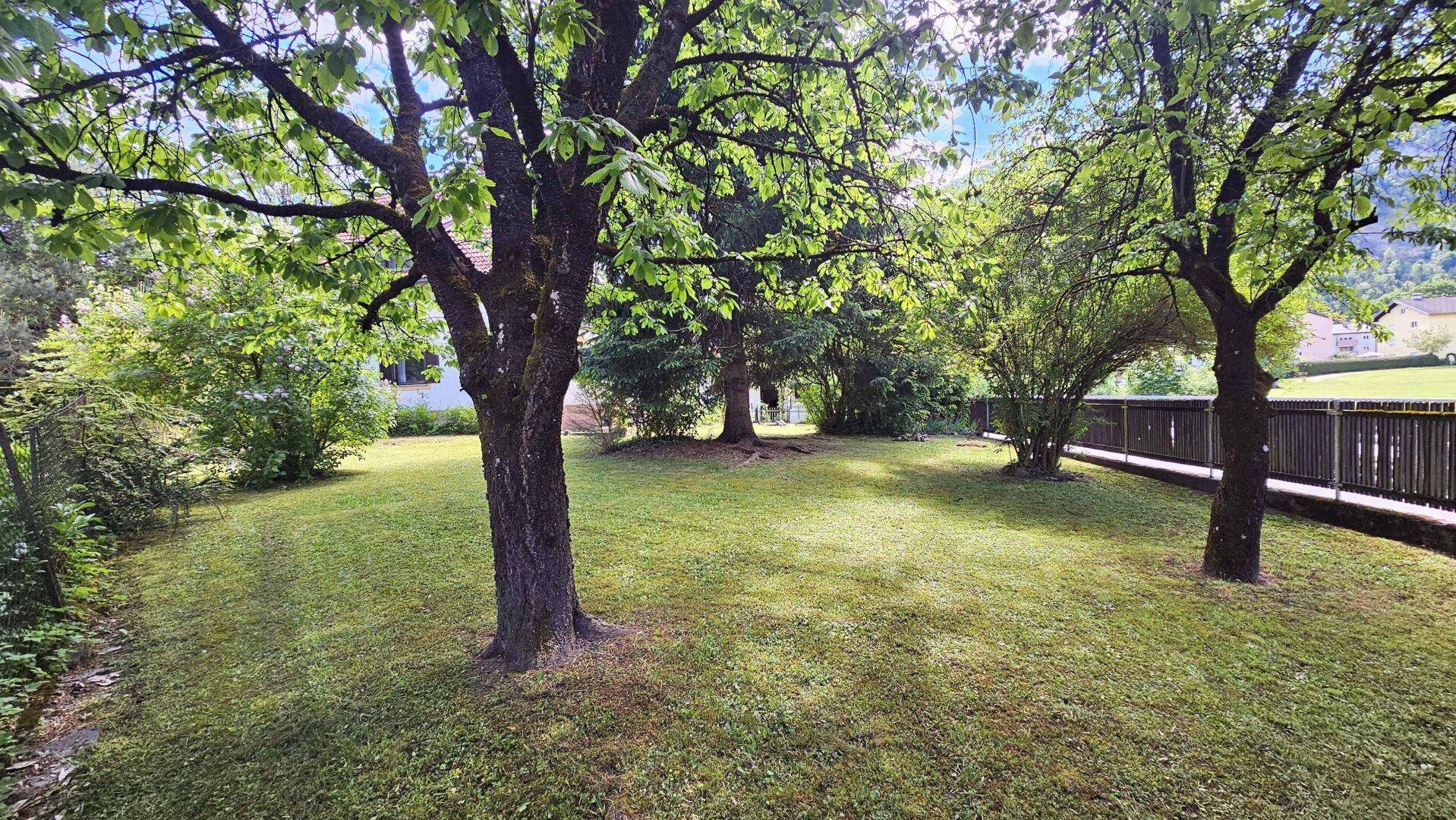 Großer, gepflegter Gartenbereich mit alten Bäumen und viel Grünfläche zum Entspannen.
