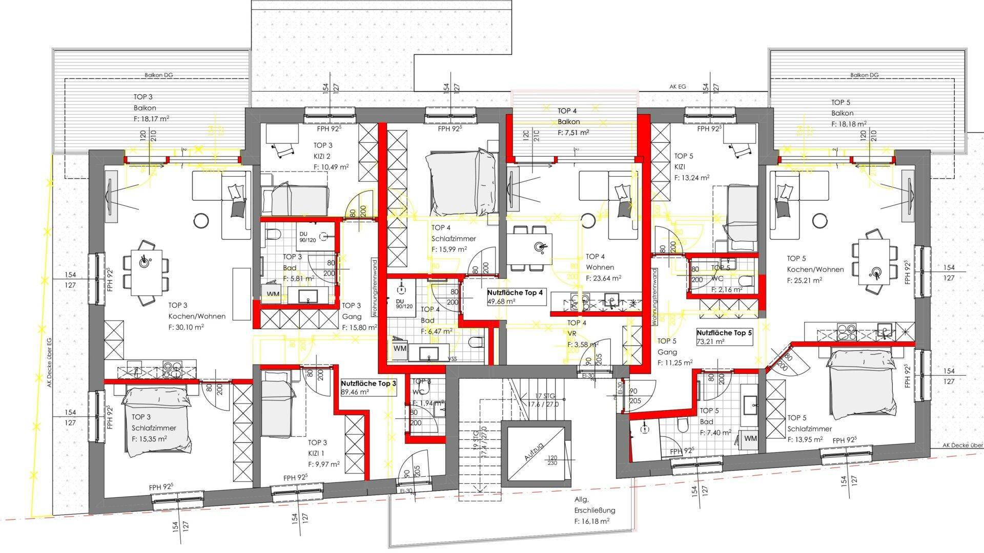 Grundrissplan einer oberen Etage mit mehreren Wohnungen, Balkonen und Schlafzimmern.