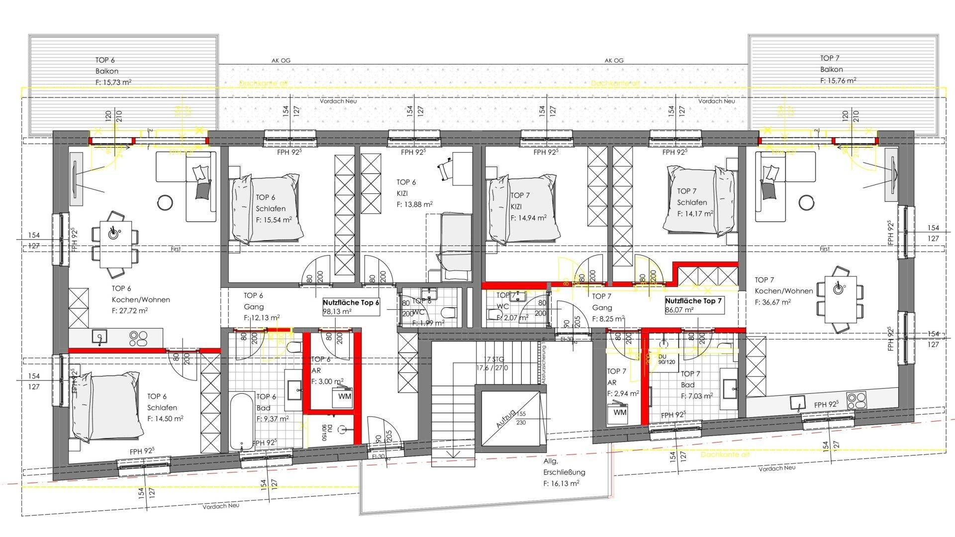 Grundrissplan einer Etage mit mehreren Wohneinheiten, Balkonen und Zimmeraufteilung.