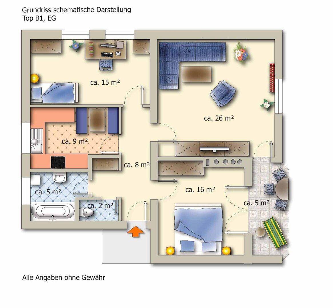 Schematische Darstellung des Grundrisses Top B1 im Erdgeschoss mit Flächenangaben.