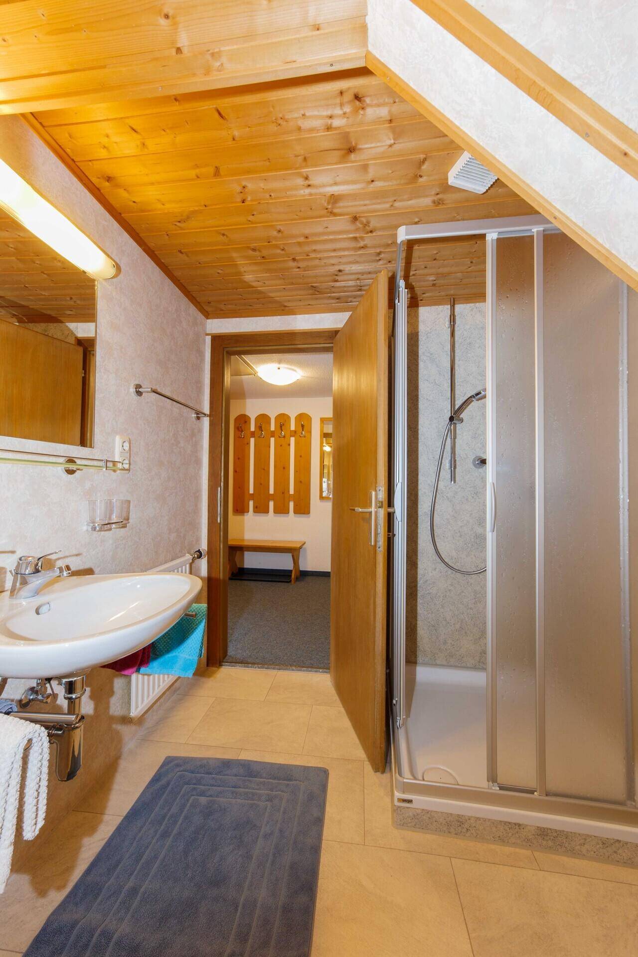 Funktionales Badezimmer mit Dusche, WC und Holzdecke unter Dachschräge.